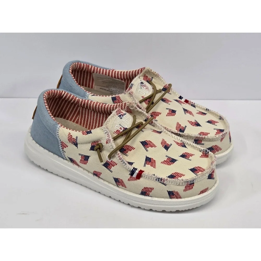 Hey Dude Wally Youth Americana Shoes Size 3 NWT‎ 40479‑1 Flag Print Slip On